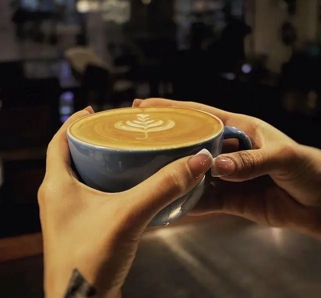 فنجان زیبای قهوه لاته با لاته آرت هنرمندانه در دستان مشتریان کافه مان و رو. لذت نوشیدن یک قهوه گرم و باکیفیت در محیطی دنج.