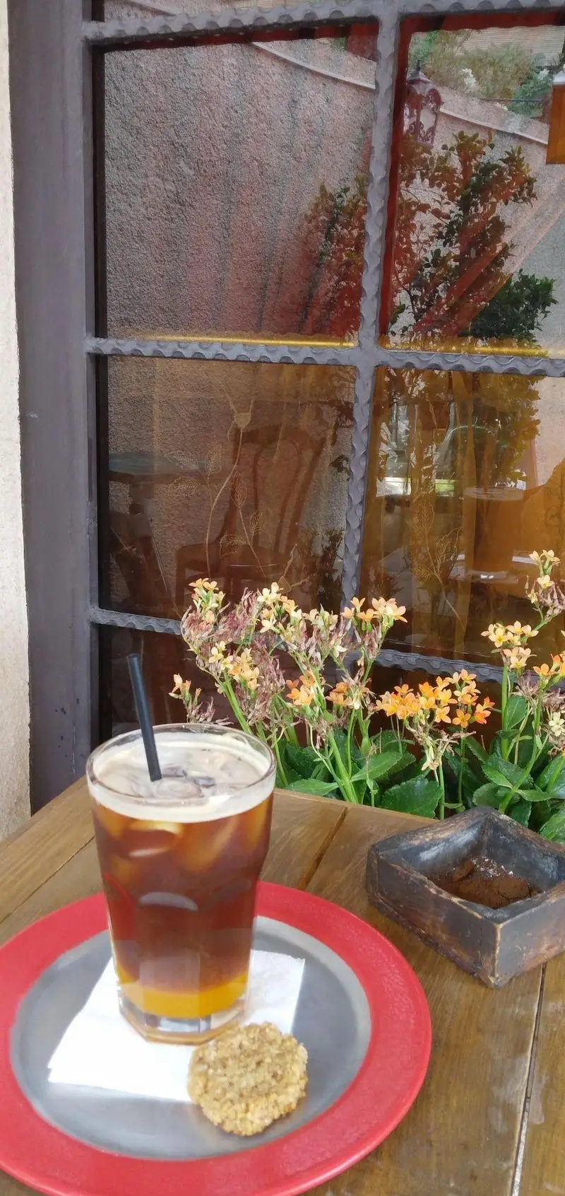 قهوه سرد پرتقالی با کوکی جو روی میز چوبی کافه آرکو. منظره دلنشین پنجره با گل‌های نارنجی روشن و بازتاب درختان. تجربه‌ای خاص در کافه آرکو.