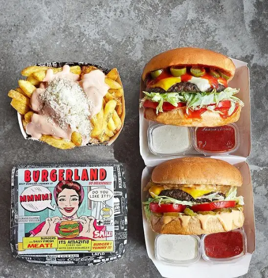 دو برگر متنوع و لذیذ فست فود برگرلند با کاهو، گوجه، پنیر، سس‌های مخصوص و سیب زمینی سرخ کرده با سس و پنیر پارمزان.