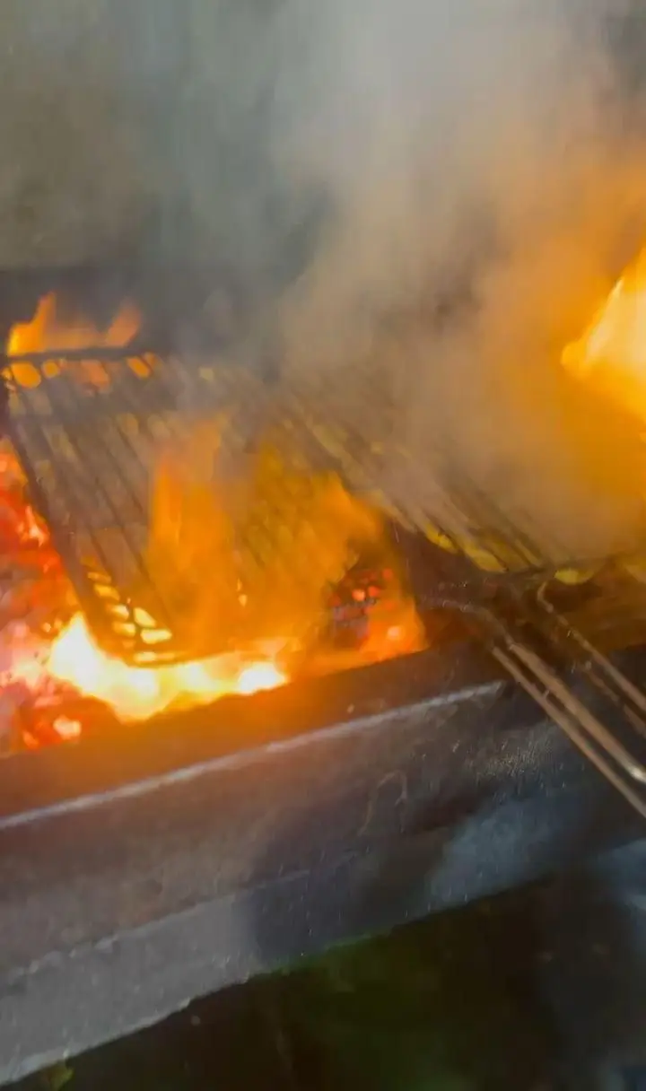 نمایی از کباب شدن ماهی تازه بر روی گریل با شعله های آتش و دود معطر در رستوران ماهی سرا شب های ریحان. تجربه ای خوشمزه.
