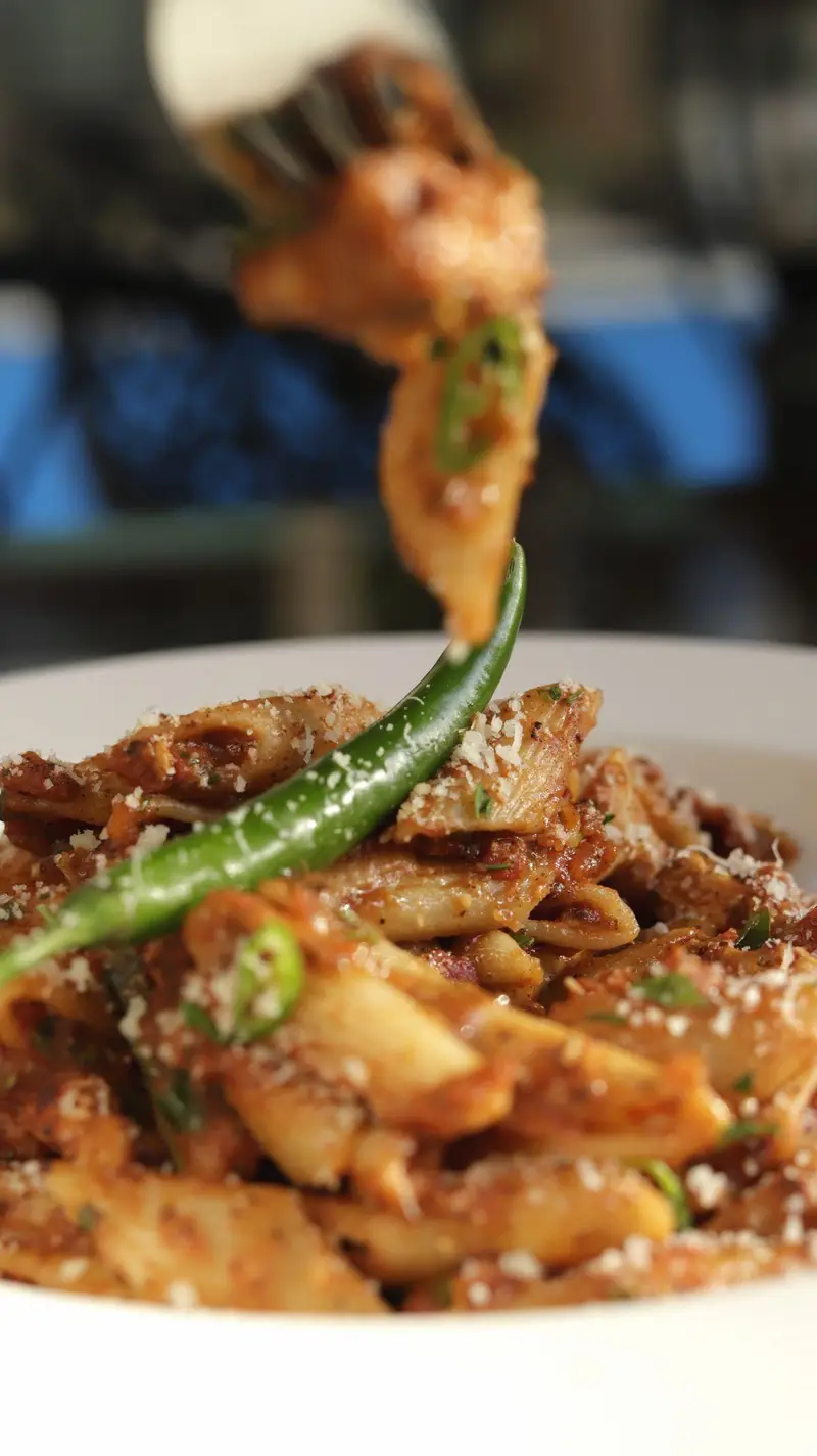 پاستای لذیذ با سس مخصوص، فلفل سبز تند و پنیر فراوان در کافه‌حیات هزار افسان، تجربه‌ای به‌یادماندنی از طعم و کیفیت.