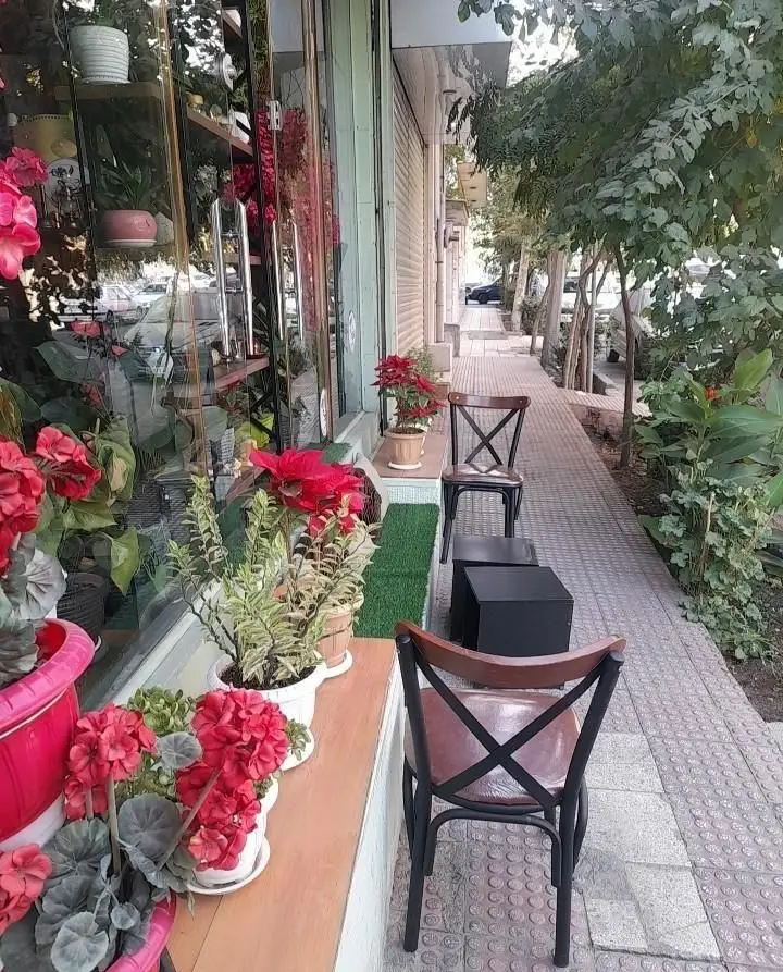 نمای بیرونی و فضای سبز کافه دونه نارمک با گل و گیاه، میز و صندلی در پیاده رو، محیطی دنج و زیبا.