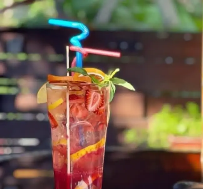 موکتل میوه‌ای و گوارای توت فرنگی و لیمو با برگ نعنا در لیوان بلند، یک انتخاب عالی از کافه رستوران حیات نو برای طراوت‌بخشیدن.