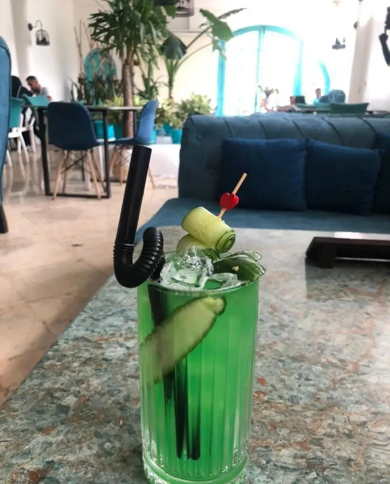 نوشیدنی خنک کوکتل خیار و نعنا در کافه رستوران حیات نو با دکوراسیون آبی و گیاهان سرسبز، محیطی دلنشین برای استراحت و پذیرایی.
