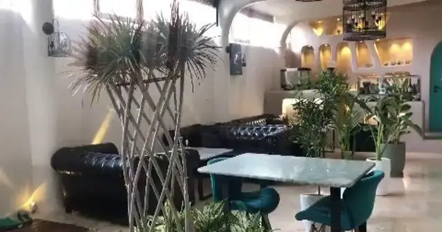 فضای داخلی کافه رستوران حیات نو با مبلمان راحتی مشکی، میز و صندلی مدرن فیروزه‌ای، و دکوراسیون شیک با گیاهان سرسبز و قفس پرنده تزئینی.