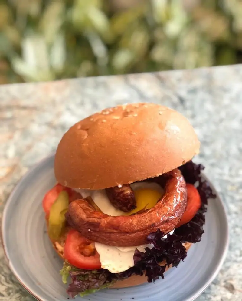 برگر متفاوت کافه رستوران حیات نو: ترکیبی از سوسیس سرخ شده، تخم مرغ عسلی، کاهو، گوجه و خیارشور برای طعم دلپذیر.