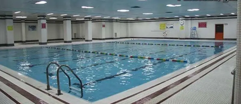 نمایی از استخر بزرگ و مجهز سرپوشیده مجموعه ورزشی و استخر برادران محبی، با خطوط شنا و امکانات کامل برای آموزش و تفریح.