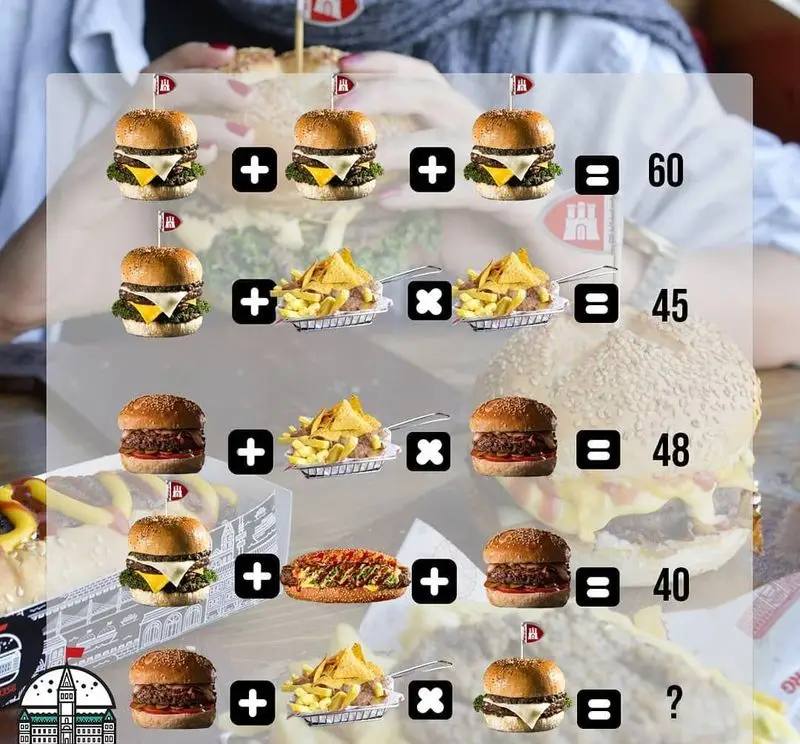 تصویر معمای غذایی برگر 1358 (بلوار اباذر) با انواع برگر، سیب‌زمینی و هات‌داگ. پازل جذاب برای طرفداران فست‌فود.