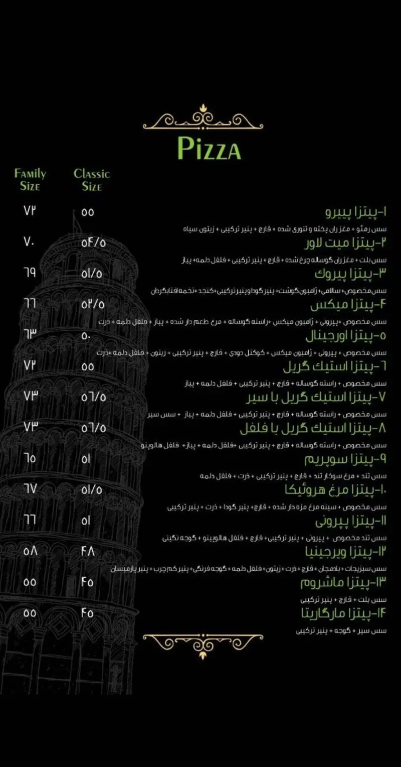 منو کامل پیتزا پیروک شامل انواع پیتزا (پپرونی، گوشت، سبزیجات، مرغ، قارچ، مخلوط) به همراه جزئیات مواد و قیمت‌ها در سایز خانوادگی و کلاسیک.
