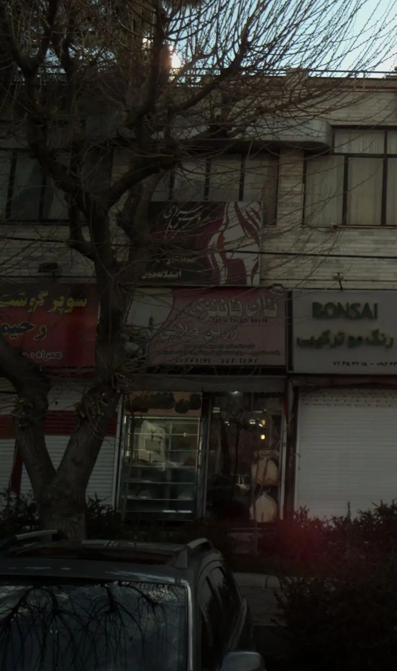 نمای خیابانی از فروشگاه نان فانتزی زرین طلایی در یک روز آفتابی، با تابلوی کسب و کار، درختان بدون برگ و اتومبیل در پیش‌زمینه.