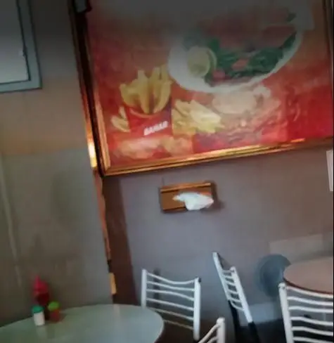 نمایی از داخل رستوران ساندویچی اغذیه بهار با میز و صندلی، به همراه تابلوی بزرگ غذای فست فود شامل ماهی و سیب زمینی سرخ کرده بهار.