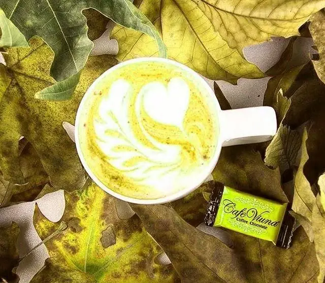یک فنجان لاته زیبا با لاته آرت جذاب، احاطه شده توسط برگ‌های پاییزی سبز و زرد، همراه با شکلات Cafe Viuna. انتخابی از کافی شاپ ویونا پلاس.