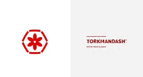 تصویر لوگو و نام تجاری TORKMANDASH برای کسب و کار تهیه غذای خانگی دم‌کنی؛ شامل گل شش‌پر قرمز در قاب شش‌ضلعی، نماد کترینگ غذای تازه و لذیذ خانگی.