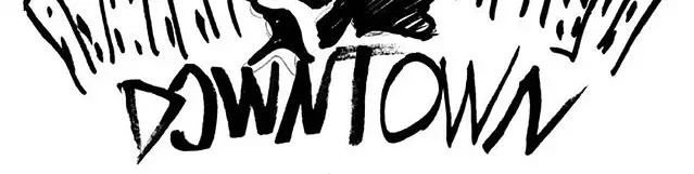 لوگوی دستی با کلمه DOWNTOWN و طرح‌های هنری، برند تهیه غذای خانگی دم‌کنی را در زمینه غذاهای سنتی و محلی معرفی می‌کند.