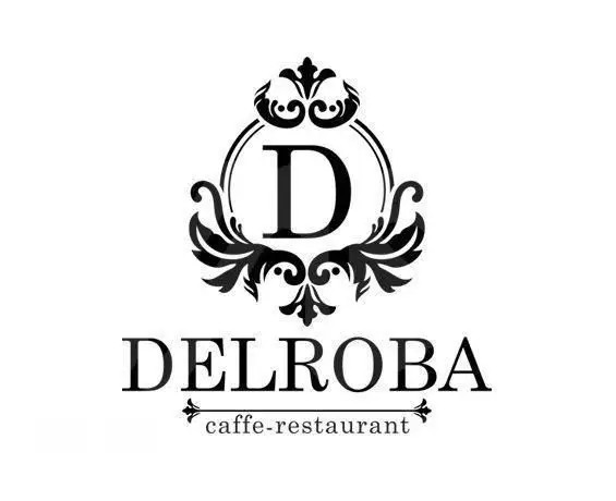 لوگو رسمی کافه رستوران دلربا شامل حرف D مزین و نام Delroba با فونت کلاسیک همراه با عبارت caffe-restaurant در پایین.