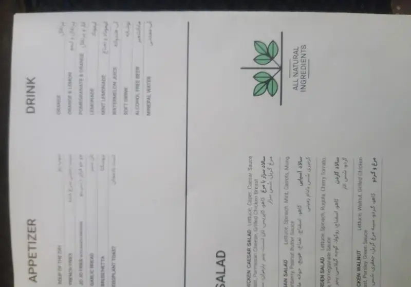 منوی رستوران جو، شامل نوشیدنی‌های متنوع، پیش‌غذاهای خوشمزه و سالادهای تازه مانند سزار، آسیایی و گردو با مرغ.