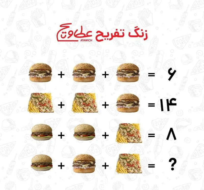 پازل ریاضی عطاویچ فردوس غرب با سه ردیف معادله شامل برگرهای لذیذ دوبل، برگر تک، و سیب‌زمینی ویژه با سس و مخلفات.