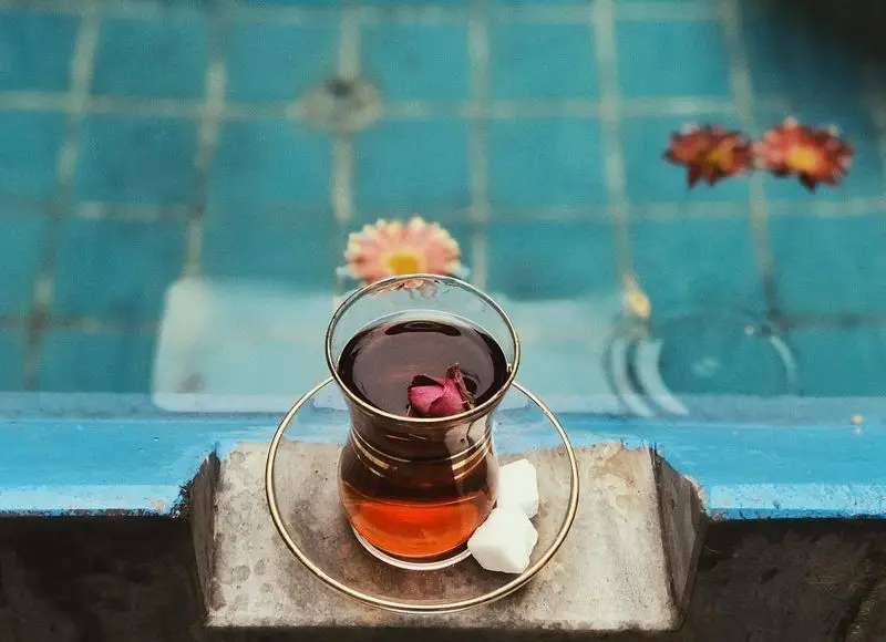 چای اصیل ایرانی با برگ گل رز در فنجان کمر باریک، همراه با قند، بر لبه حوض کاشی‌کاری شده کافه مانا. لحظاتی دلنشین و آرام.