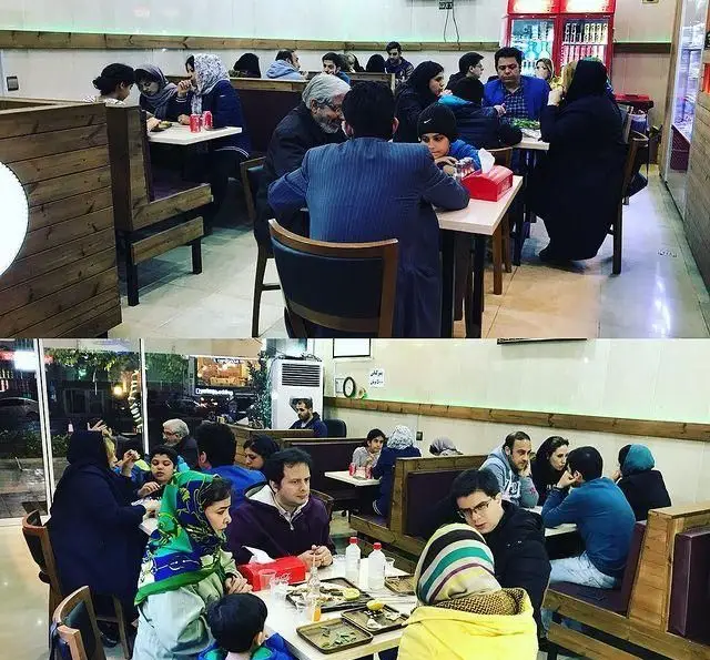 فضای داخلی رستوران جگر سرای دل و قلوه با حضور مشتریان و خانواده‌ها. لذت صرف کباب جگر و غذاهای ایرانی در محیطی دلنشین و دوستانه.