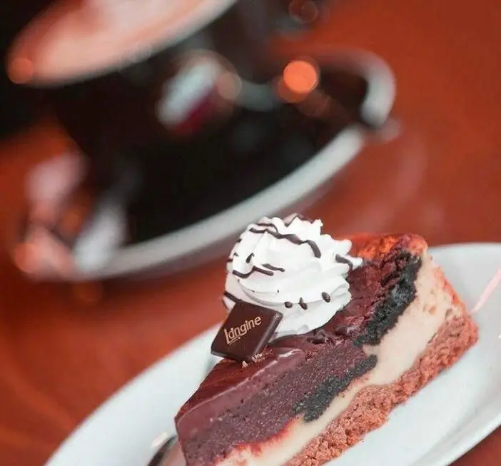 یک برش کیک شکلاتی ویژه با تزیین خامه و لوگوی لانجین، دسری دلپذیر از کافی شاپ لانجین. لحظاتی شیرین و به یادماندنی را تجربه کنید.