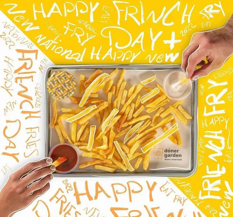 فست فود دونر گاردن پاسداران، تصویر سیب زمینی سرخ کرده فراوان و خوشمزه با سس‌های کچاپ و مایونز. جشن روز جهانی سیب زمینی با دست‌هایی در حال سس زدن.