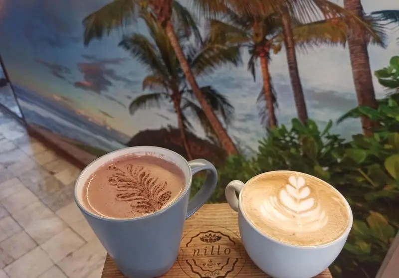 دو فنجان نوشیدنی گرم (یکی لاته آرت، دیگری هات چاکلت) با لوگوی کافه نیلو بر روی میز چوبی، با پس زمینه منظره دلنشین استوایی و درختان نخل.