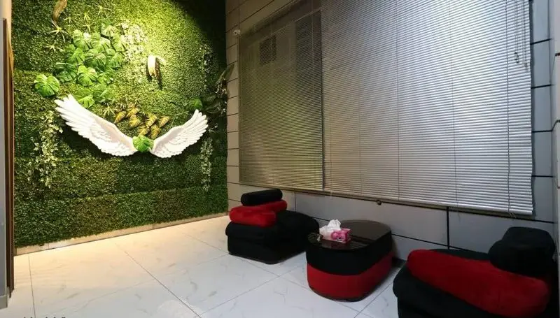 فضای داخلی دنج کافه رستوران پلاس شیم، با دیوار سبز طبیعی، دکور بال فرشته و صندلی‌های مدرن قرمز و مشکی، محیطی دلنشین.