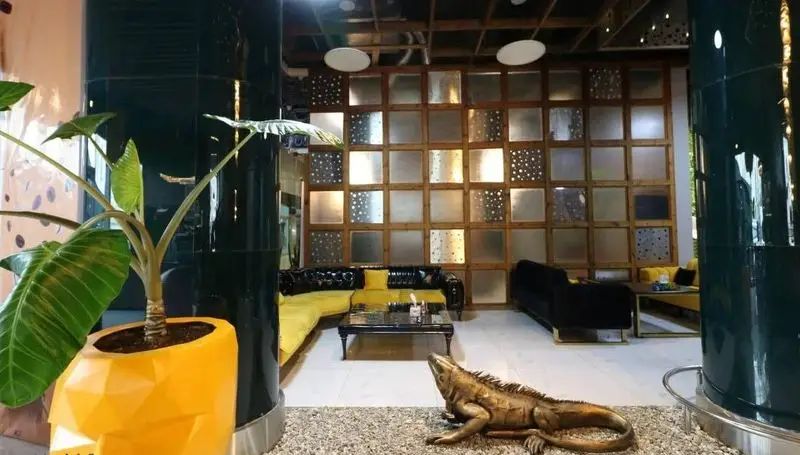 دکوراسیون داخلی کافه رستوران پلاس شیم با مبلمان مدرن زرد و مشکی، دیوار دکوراتیو مربعی، گیاه آپارتمانی در گلدان زرد و مجسمه ایگوانا برنزی.