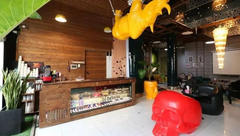 فضای داخلی کافه رستوران پلاس شیم با دکوراسیون خاص و مدرن، شامل کانتر منو، مجسمه‌های جذاب، مبلمان راحت و نورپردازی زیبا.