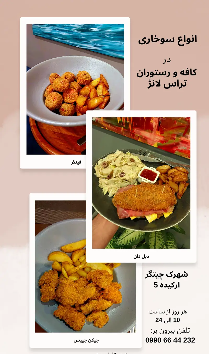 تصویر انواع سوخاری شامل فینگر، چیکن چیپس و دبل دان خوش طعم در کافه و رستوران تراس لانژ، چیتگر ارکیده 5، هر روز 10 تا 24