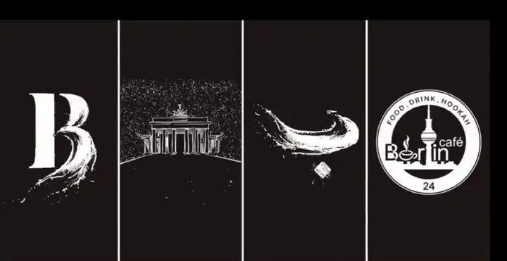 طراحی لوگو و هویت بصری کافه برلین: شامل برج تلویزیون، دروازه براندنبورگ، غذا، نوشیدنی و قلیان.