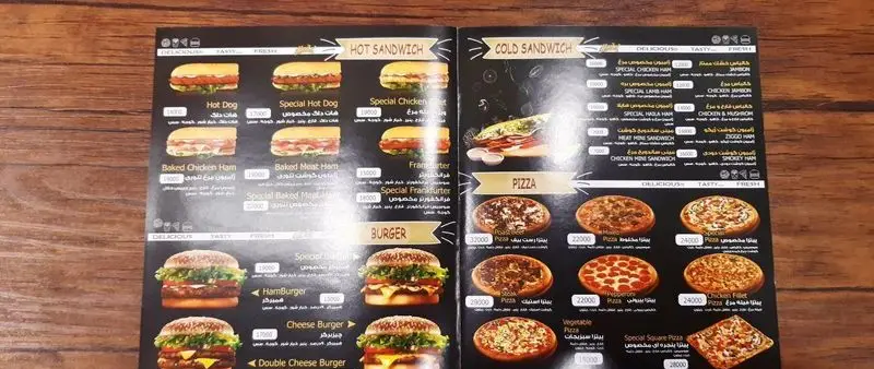 منوی کامل فست فود هایلا: ساندویچ‌های گرم و سرد (هات‌داگ، ژامبون)، انواع برگر (همبرگر، چیزبرگر) و پیتزا (گوشت، مرغ، پپرونی، سبزیجات).