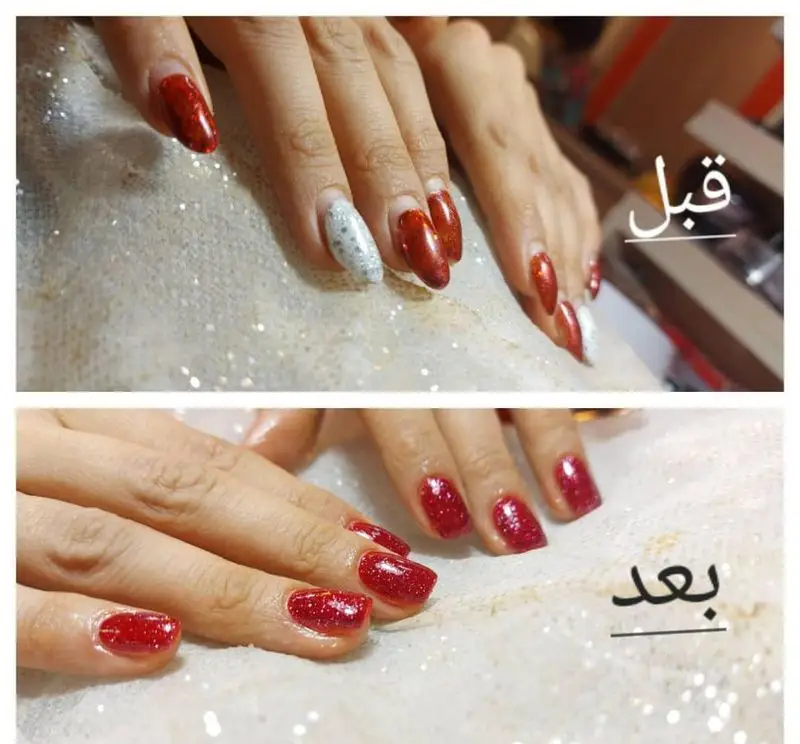 عکس قبل و بعد از ترمیم ناخن و ژلیش ناخن با لاک ژل قرمز اکلیلی شیک و براق، نمونه کار حرفهای طراحی و کاشت ناخن