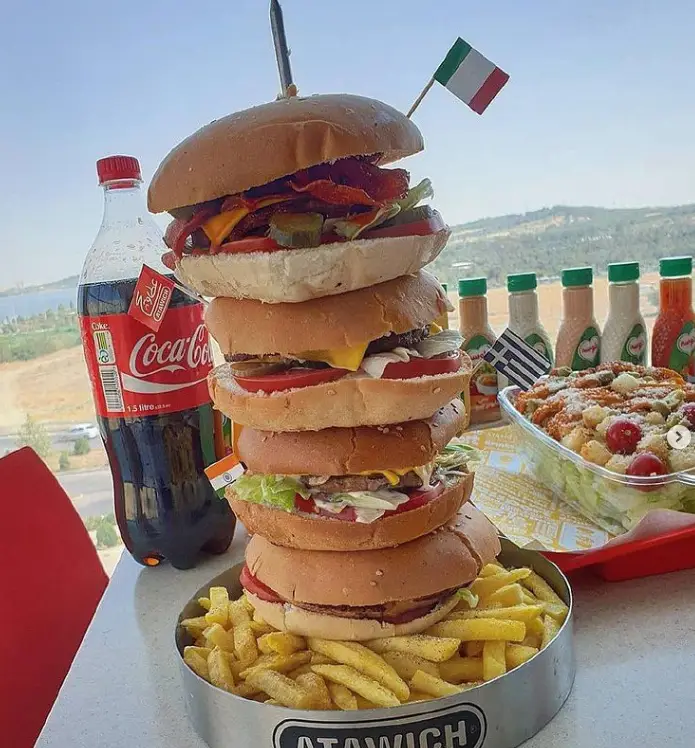برج بلند همبرگرهای عطاویچ فودکورت خلیج فارس همراه سیب زمینی سرخ کرده، کوکا و سالاد. وعده غذایی کامل با منظره.