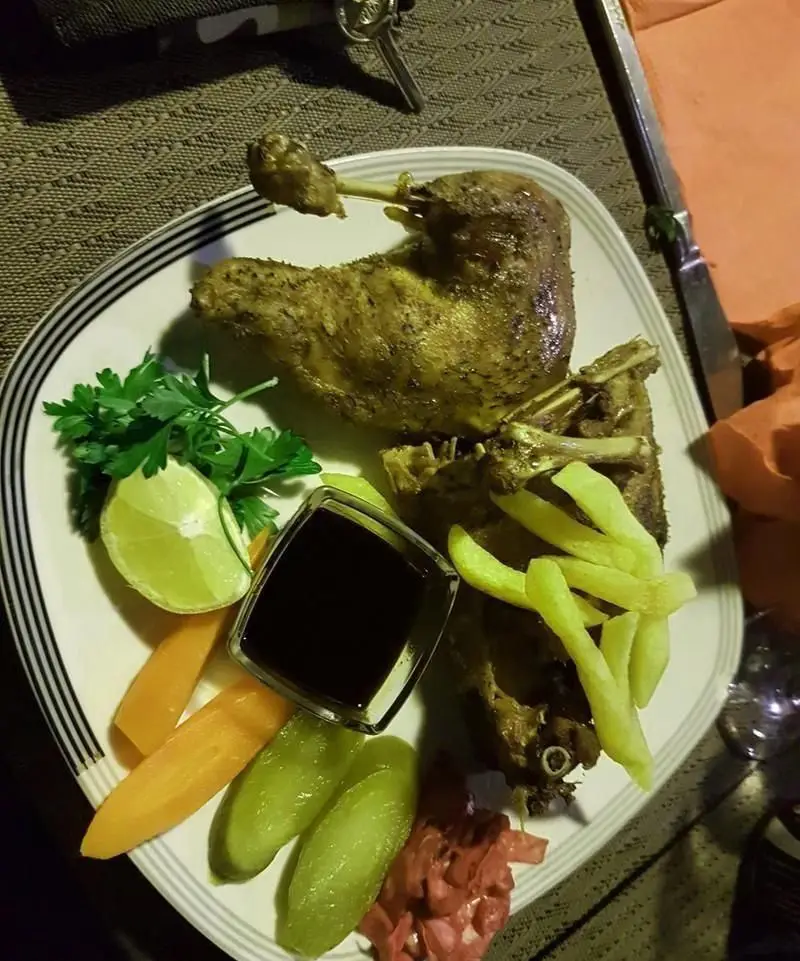 وعده شام لذیذ با اردک طعم‌دار، سیب‌زمینی سرخ‌کرده، دورچین تازه (هویج، خیارشور، جعفری) و سس در رستوران شبهای شیراز.