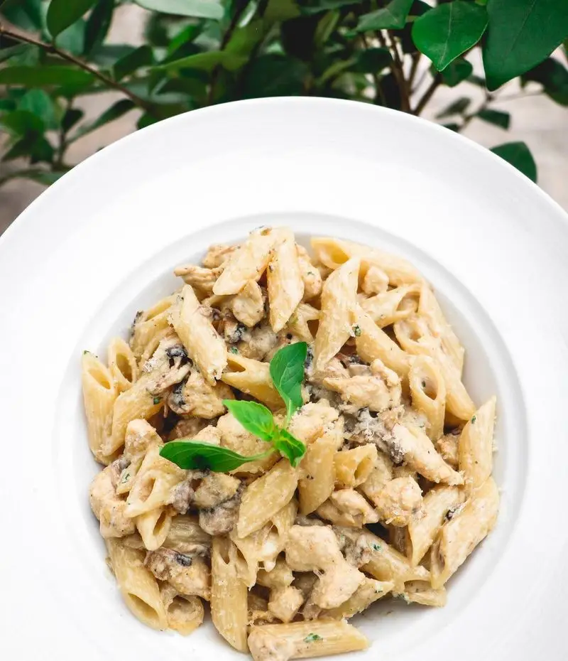 پاستا پنه مرغ و قارچ خامه‌ای و خوشمزه کافه رستوران لی وان. ایده‌آل برای یک وعده غذایی دلپذیر در فضای سبز رستوران.