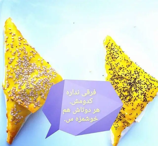 تصویری جذاب از دو سمبوسه طلایی رستوران آجی: یکی با کنجد و دیگری با خشخاش. هر دو گزینه ای خوشمزه و لذیذ برای تجربه طعم اصیل.