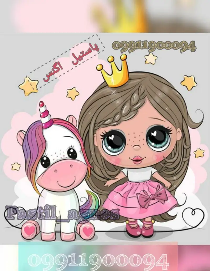 پاستیل اگنس: تصویر فانتزی و جذاب از یک دختر کارتونی زیبا با تاج پرنسسی و یونیکورن رنگارنگ. مناسب برای تم تولد، دکوراسیون و محصولات بچگانه.