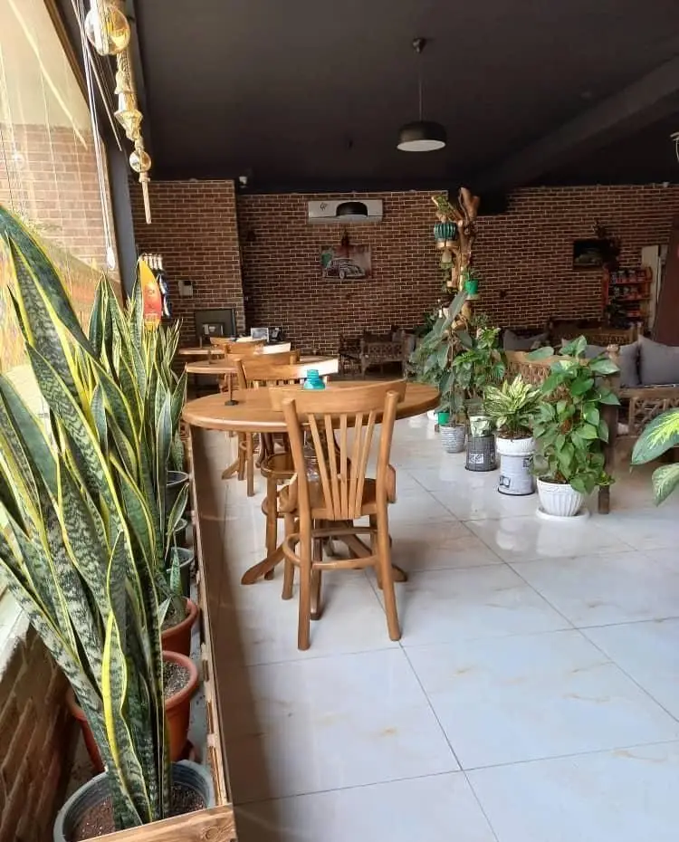 فضای داخلی کافی شاپ کافه پناه: محیطی دنج، طبیعی با دیوارهای آجری، میز و صندلی‌های چوبی و گلدان‌های زیبای گیاهان سبز.