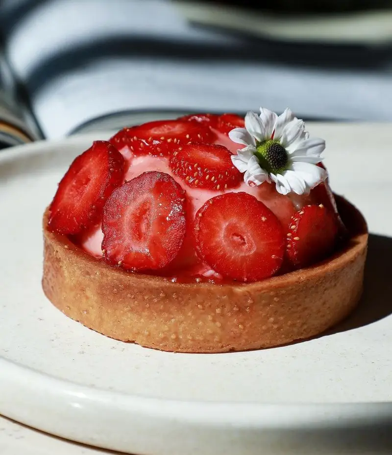 تارت توت فرنگی تازه و زیبا با برش‌های قرمز براق، کرم لطیف صورتی و کراست ترد، دسر ویژه کافه رستوران رنسانس.