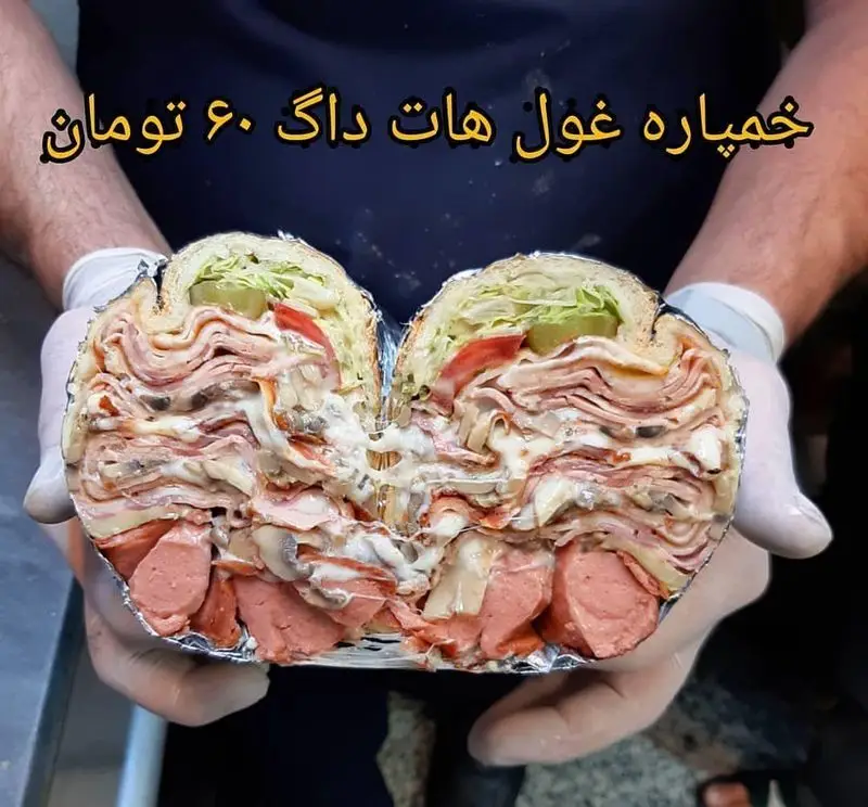 ساندویچ غول‌پیکر پر از هات‌داگ، ژامبون، پنیر، قارچ و سس مخصوص پیتزا و کباب ترکی علی بابا، یک انتخاب خوشمزه و کامل.
