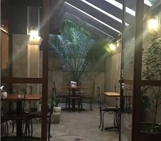 محیط دنج و سرسبز پاتیو کافه و رستوران سون استاپ، با میز و صندلی‌های شیک، گیاهان زیبا و نورپردازی گرم در شب.