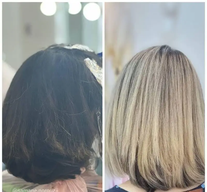 تغییر رنگ موی تیره و وز به دکلره پایه بلند و رنگساژ بلوند دودی زیتونی با کوتاهی شیک مدل باب در سالن تخصصی رنگ مو.