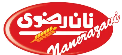 لوگوی رسمی نان رضوی غرب تهران با طراحی بیضی قرمز و نوشته‌های سفید، نشان دهنده برند معتبر و محبوب نان و محصولات نانوایی در غرب تهران.