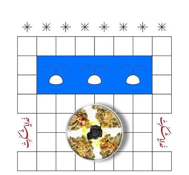 آش رشته سنتی ایرانی با تزئینات کشک، نعنا داغ و پیاز داغ، ارائه شده توسط روحی اکسپرس تجریش، همراه با طرحی گرافیکی زیبا.