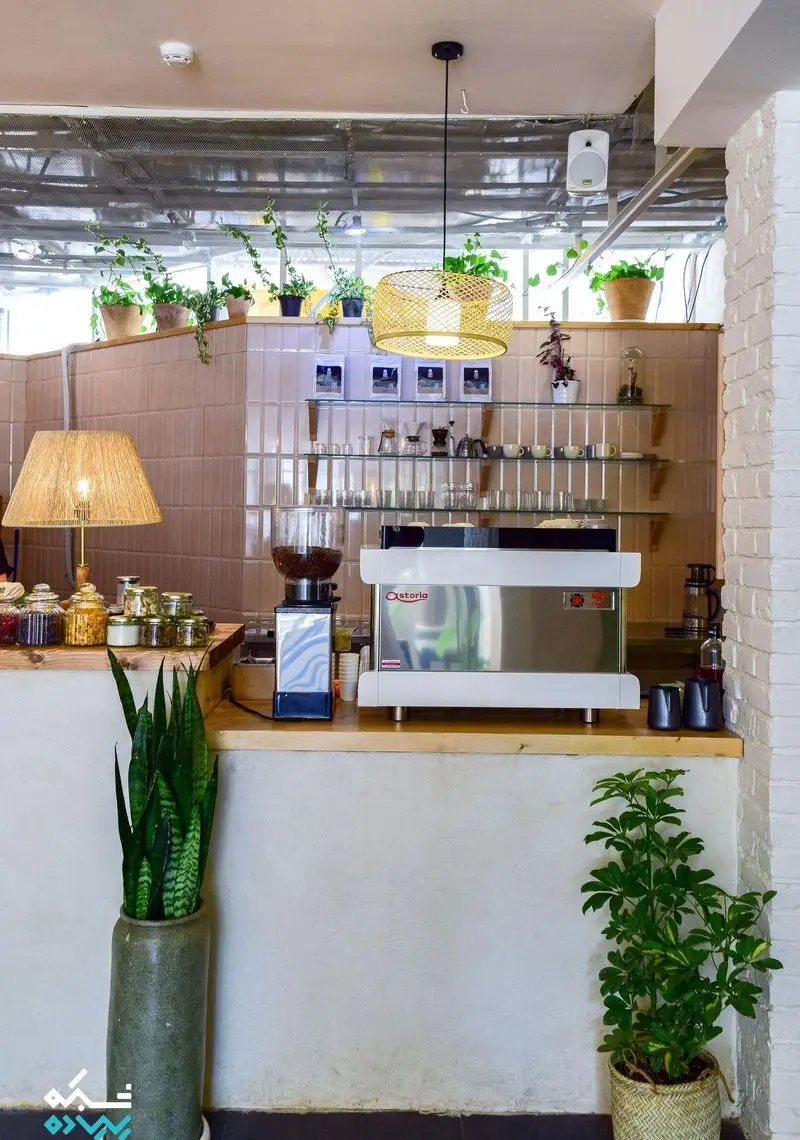 دکوراسیون داخلی کافه الوا: میز بار قهوه با دستگاه اسپرسو Astoria، آسیاب، قفسه‌های شیشه‌ای، گیاهان سبز و نورپردازی دلنشین.