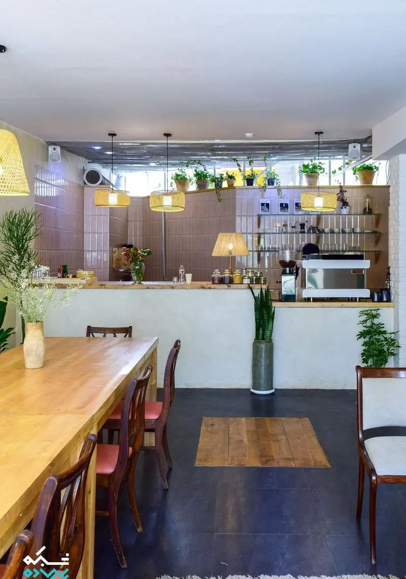 دکوراسیون داخلی دلنشین کافه الوا با میزهای چوبی، فضای سبز و تجهیزات مدرن قهوه. محیطی آرام برای دورهمی و لذت بردن از نوشیدنی‌ها.