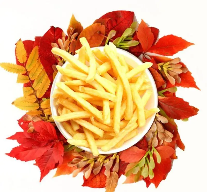 کاسه‌ای پر از سیب زمینی سرخ کرده داغ و ترد فست فود اونیک، محصور در برگ‌های زیبای پاییزی. لذت طعم واقعی را تجربه کنید.