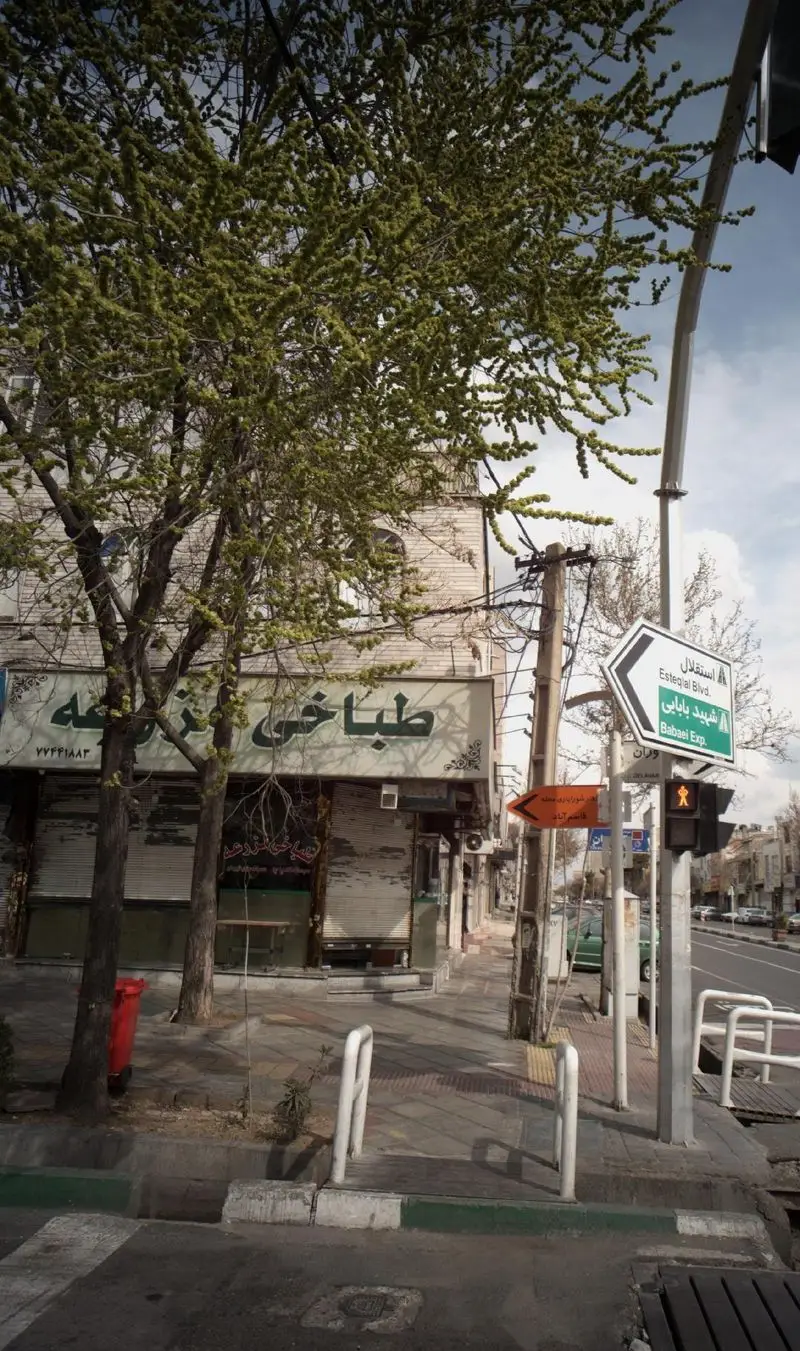 تصویری از نمای بیرونی طباخی مزرعه در کنار خیابان، با درختان پربرگ، تابلو کسبوکار و کرکرههای پایین مغازه در یک روز ابری.
