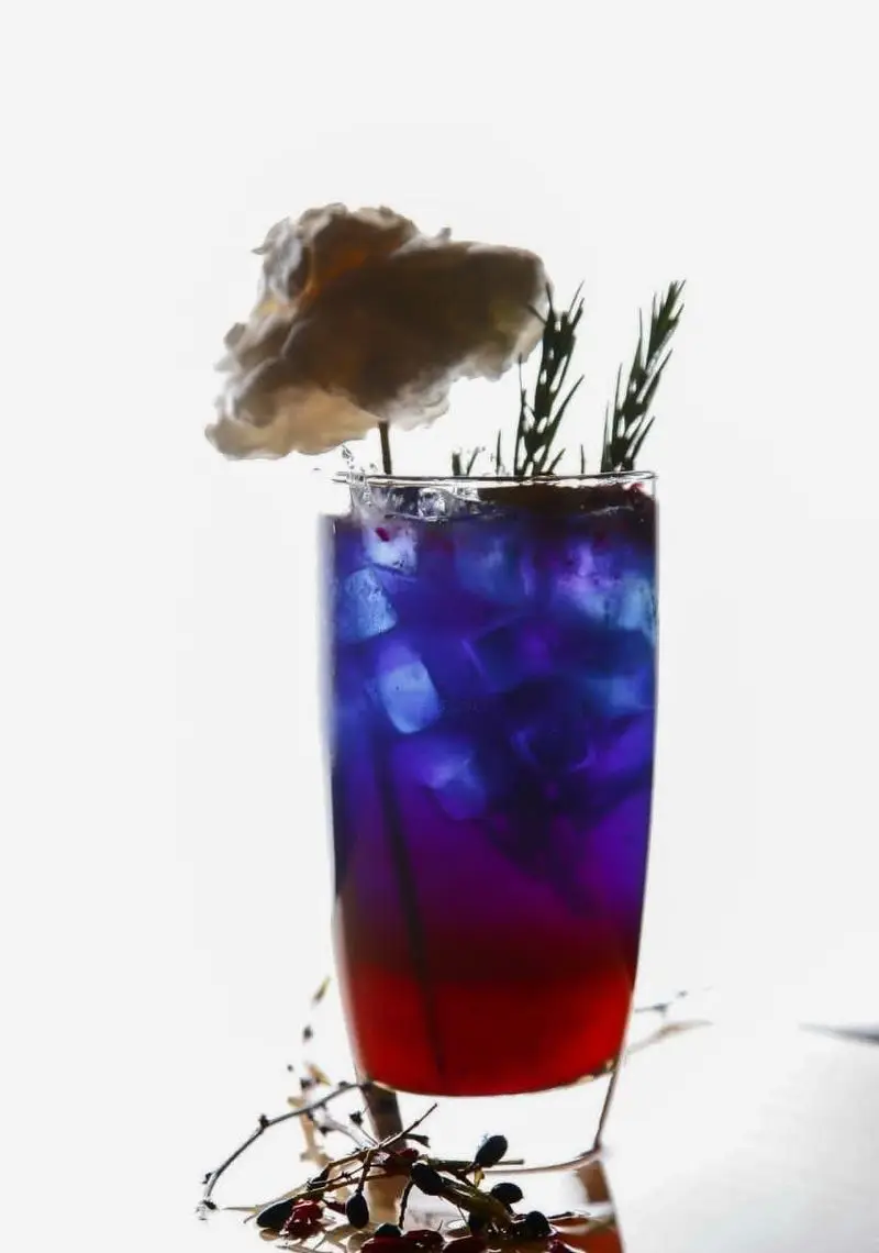 نوشیدنی خنک و جذاب کافه رستوران رپتور: کوکتل لایه‌ای با رنگ‌های سرخ، بنفش و آبی، تزئین شده با گل و رزماری تازه.